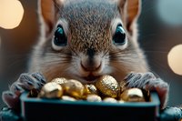 Curious squirrel examining golden Christmas ornaments in blue container against bokeh background, close-up portrait showing bright eyes and whiskers.