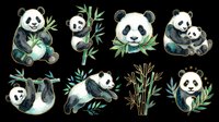 Adorable panda bears in various poses with bamboo leaves, isolated on transparent background. Ready for t-shirts, stickers, clipart, sublimation, and print-on-demand designs.