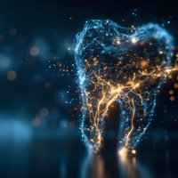 Digital tooth with glowing neural network connections and golden light particles on dark blue background for dental technology and healthcare innovation.