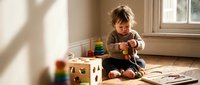 Young toddler boy playing with colorful wooden toys on floor in bright sunlit room with natural light streaming through window creating warm atmosphere.