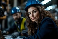 Female engineer with blue hard hat working in industrial facility with male colleague in background for workplace safety and manufacturing concepts.