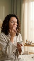 Woman with curly dark hair and olive skin tone applying moisturizer cream to her face in a bright bedroom. Skincare routine and beauty treatment concept.