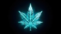 Glowing cyan cannabis leaf with electric blue neon outline on dark background. Digital art concept for medical marijuana, hemp industry branding and modern design.