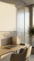 Modern minimalist home office workspace with natural sunlight streaming through window creating warm shadows on neutral beige walls and wooden desk setup.