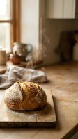 Fresh baked artisan bread loaf steaming on wooden cutting board in warm rustic kitchen with natural lighting and cozy homemade bakery atmosphere.
