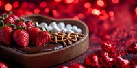 Fresh strawberries and star anise in wooden heart shaped bowl against red bokeh background with romantic holiday atmosphere and decorative elements.