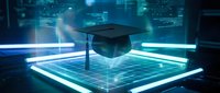 Digital graduation cap floating above glowing holographic platform with futuristic blue technology interface for online education and e-learning concepts.