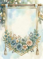 Watercolor floral frame with gold geometric border, blue and pink roses, eucalyptus, tassels, and soft pastel background for wedding or greeting card.