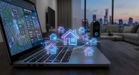 Smart home technology concept with glowing house icons floating above laptop screen showing property management dashboard in modern living room at dusk.