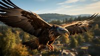 Majestic golden eagle with spread wings soars against mountain landscape at sunset, displaying powerful flight stance and detailed feathers in warm lighting.