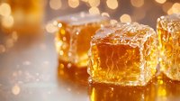 Fresh honeycomb pieces with golden honey drips on blurred bokeh background, macro shot showing detailed hexagonal wax structure in warm amber lighting.