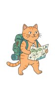 Orange tabby cat wearing green backpack holding map, isolated on white background. Adventure travel concept for children's books, t-shirt designs, and educational materials.