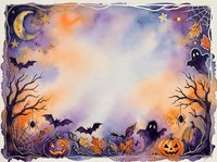 Watercolor Halloween frame with pumpkins, bats, ghosts and spooky trees on gradient background for seasonal designs and party invitations.