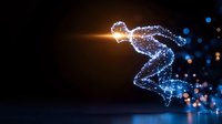 Glowing digital figure in running position dissolves into particles against dark background, representing speed, technology and transformation in sports and motion.