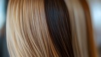 Close-up of smooth blonde hair strands with natural highlights and lowlights showing hair texture and color variation for beauty and haircare concepts.