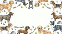 Watercolor dog breeds border frame with paw prints, toys and bowls on white background. Pet care, veterinary, grooming salon design template with copy space.
