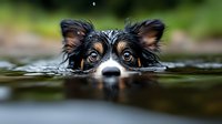 Australian shepherd dog swimming in water with only eyes and nose visible above surface, creating playful and mysterious mood in natural setting.