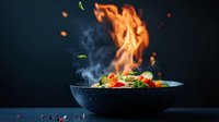 Dramatic flaming stir fry vegetables tossed in wok with flying ingredients against dark background, dynamic food photography with smoke and fire effects.