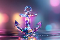 Crystal glass anchor reflecting colorful neon lights on water surface with bokeh background, maritime decoration piece with holographic rainbow effect.