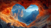 Heart-shaped cave opening in red sandstone rock formation reveals majestic mountain peaks and valley landscape at sunset, natural window with dramatic vista.