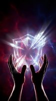 Hands reaching toward glowing geometric crystal formation with bright energy beams against cosmic nebula background for spiritual and technology concepts.