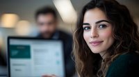Young Hispanic businesswoman smiling at camera in modern office environment with computer screen and coworker in background, professional workplace setting.