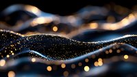 Abstract luxury waves with golden glitter particles flowing on dark background, elegant dynamic curves with sparkling light effects and bokeh.
