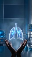 Hands protecting glowing transparent lungs hologram in modern medical laboratory environment for healthcare technology and respiratory medicine concepts.