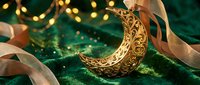 Golden ornate crescent moon with intricate patterns on emerald fabric with warm bokeh lights and flowing ribbons creating festive holiday atmosphere.