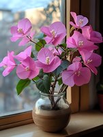 Vibrant magenta bougainvillea blooms arranged in wooden vase by sunny window, ideal for home decor, floral arrangements, and interior design projects.