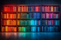 Colorful rainbow bookshelf with books arranged by color spectrum from red to blue creating vibrant gradient effect against dark background with dramatic lighting.