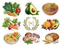 Healthy food ingredients including fresh vegetables, fruits, legumes, and whole grains arranged in a grid layout. Isolated elements ready for nutrition, wellness, and dietary design projects.