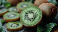 Fresh ripe kiwi fruit cut in half showing juicy green flesh and black seeds with whole kiwis and slices on dark background, macro food photography.
