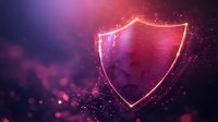 Glowing shield symbol with pink and purple light effects on dark background, representing digital security and data protection concept for business presentations.