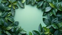 Fresh green leaves creating natural frame border on mint green background, copy space in center for text overlay. Botanical spring layout for eco design.