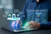 Professional businessman analyzing web analytics and marketing strategy data on laptop with digital interface displaying charts, graphs and team icons for business growth.