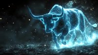 Glowing blue bull constellation in night sky with stars and cosmic dust, mystical zodiac taurus symbol running through space with ethereal light trails.