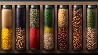 Glass jars filled with colorful grains, legumes, seeds and spices arranged in row on dark wooden shelf, showing variety of natural cooking ingredients.