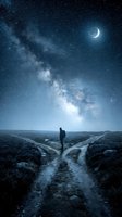 Solitary figure stands at crossroads beneath starry night sky with crescent moon, contemplating life choices and future direction on rural path.