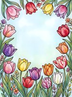 Watercolor tulip frame with colorful blooms in pink, red, yellow, purple and orange on soft blue background with copy space.