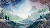 Mystical mountain landscape with layered peaks and valleys in soft blue and green tones, framed by ornate decorative borders for fantasy storytelling.