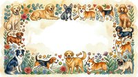 Watercolor frame with cute dogs of various breeds surrounded by flowers and paw prints, isolated on white background, ready for design use.