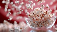 Fresh popped popcorn kernels flying from glass bowl against red background. Movie night snack entertainment food concept for cinema theater designs.