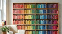 Rainbow colored books arranged by hue on wooden bookshelf in modern home library interior with white armchair and plant for reading space design.