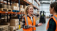 Two female warehouse workers in safety vests having friendly conversation among storage shelves in modern distribution center for teamwork concepts.