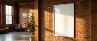 Modern loft interior with blank white poster frame on exposed brick wall, wooden beams, large windows and plant for mockup design presentations.