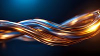 Abstract flowing curves in metallic copper and blue colors against dark background create dynamic wave pattern with glossy reflective surface and light effects.