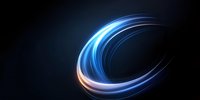 Abstract glowing blue and pink light trails swirling in spiral motion against dark background, creating dynamic curved lines and motion effect.
