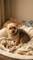 Small tan and brown terrier mix dog sitting on cream-colored bedding with toys, suitable for pet care, animal companionship, and home lifestyle content.