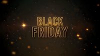 Glowing golden Black Friday text with outline effect floating in dark space with bright stars and light particles. For seasonal sale promotions.